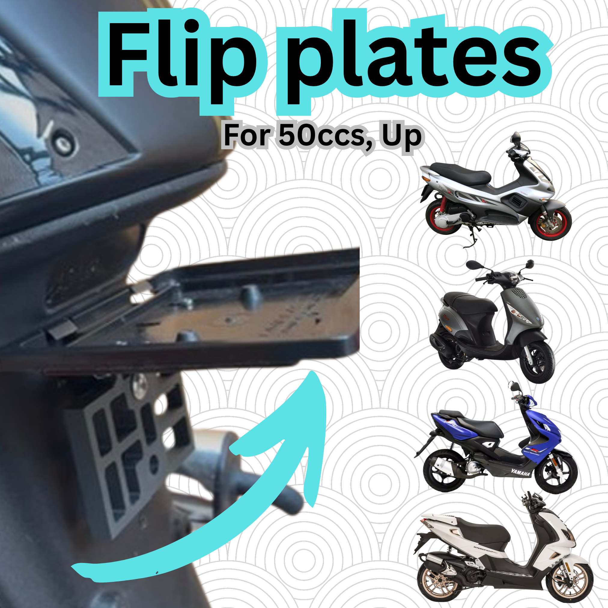 FoldMoto Flip Plate – Upward Folding Motorcycle License Plate Bracket | Fits 50cc Bikes & Plate Frames
