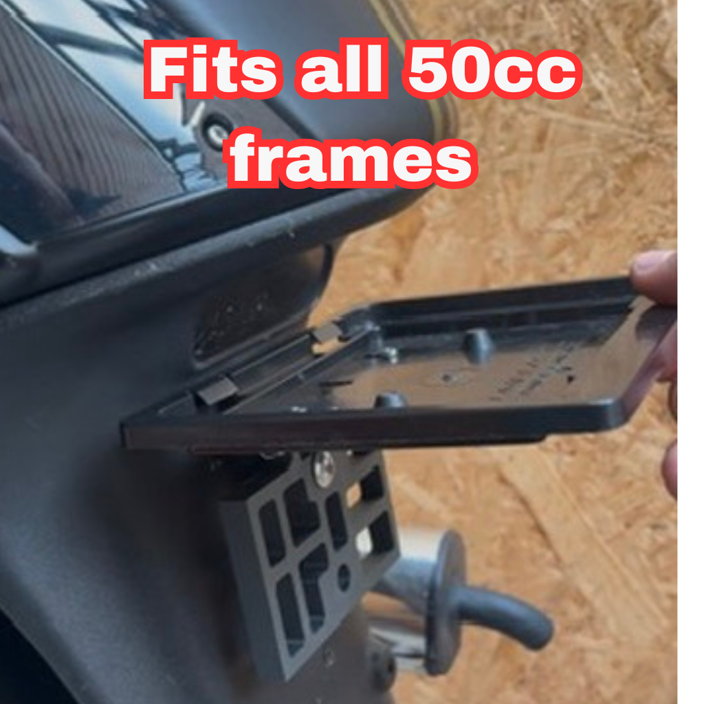 FoldMoto Flip Plate – Upward Folding Motorcycle License Plate Bracket | Fits 50cc Bikes & Plate Frames