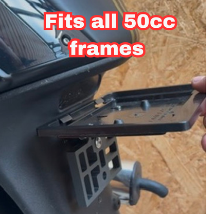 FoldMoto Flip Plate – Upward Folding Motorcycle License Plate Bracket | Fits 50cc Bikes & Plate Frames